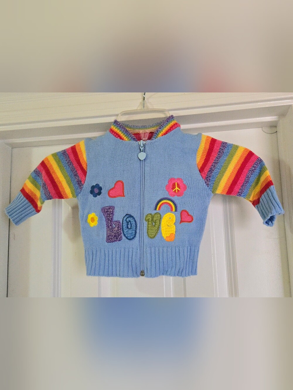 Rare Find Baby Togs Blue Kids Zip Front Sweater with Rainbow Striped Sleeves 6/9